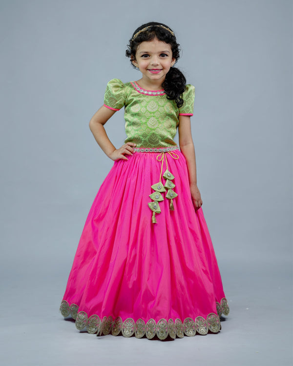 Kids Brocade Green Top with Pink Skirt Online | Kids Ethnic Wear Online in Tamilnadu Diwali Dresses for Kids Online in Bangalore