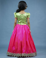 Kids Brocade Green Top with Pink Skirt Online | Kids Ethnic Wear Online in Tamilnadu 