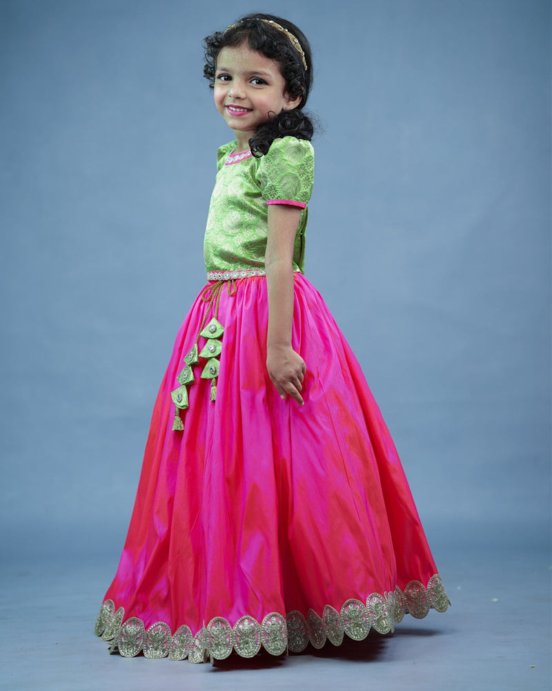 Kids Brocade Green Top with Pink Skirt Online | Kids Ethnic Wear Online in Tamilnadu 