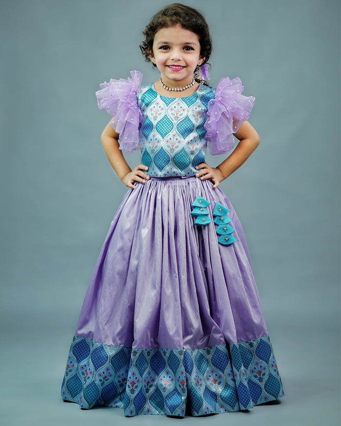 Girls lavender and aqua blue geometric printed top with pleated lavender skirt