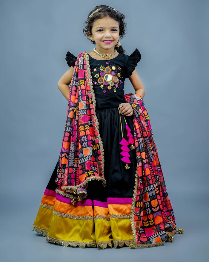 Girls black mirror work lehenga with frilled sleeve crop top and vibrant printed dupatta