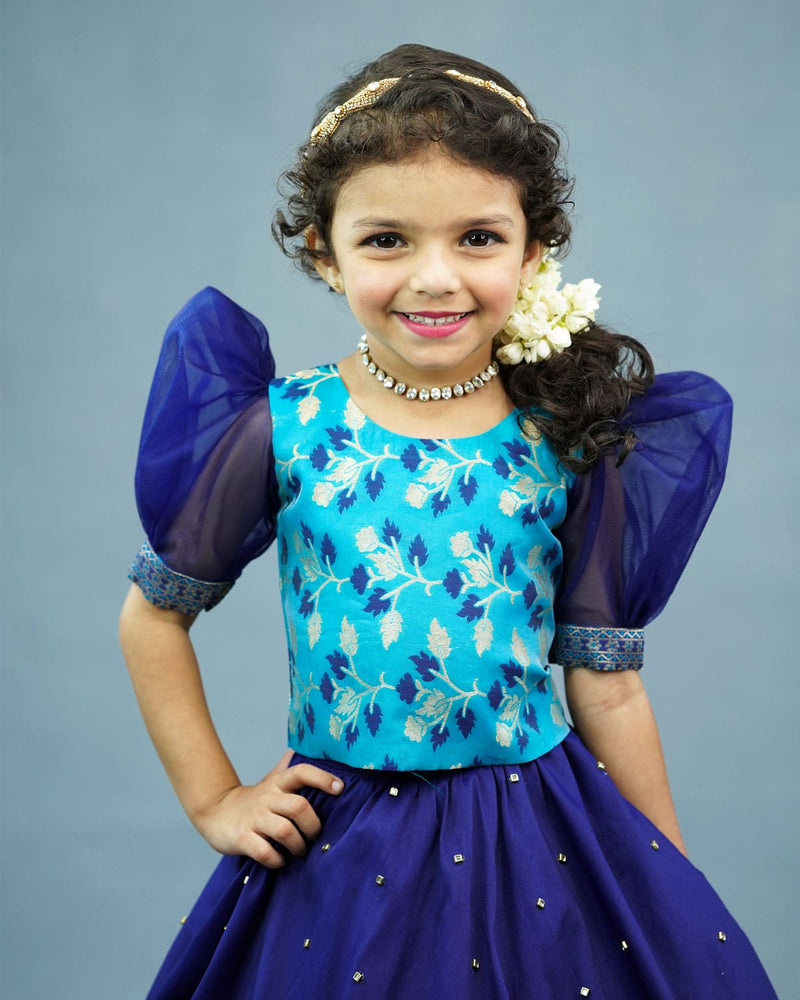 Kids Blue Brocade Skirt and Top Online | Traditional Kids Wear Online in India