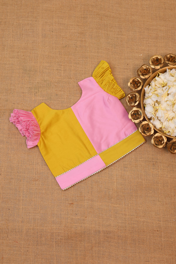 Pink and Yellow Symmetrical Ivory Color Top and Skirt.