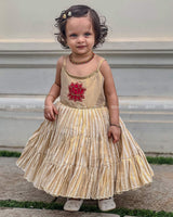 Beige Pleated Frock With Red Lotus Motif And Lace-Detailed Neckline