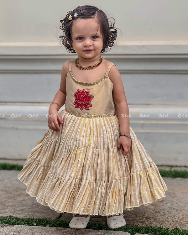 Beige Pleated Frock With Red Lotus Motif And Lace-Detailed Neckline