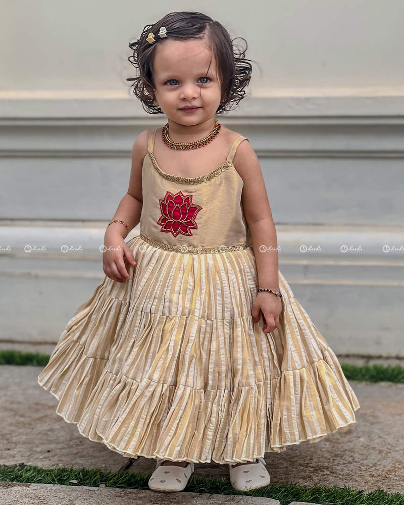 Beige Pleated Frock With Red Lotus Motif And Lace-Detailed Neckline