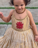 Beige Pleated Frock With Red Lotus Motif And Lace-Detailed Neckline