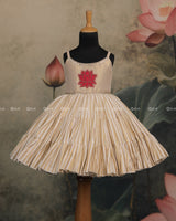 Beige Pleated Frock With Red Lotus Motif And Lace-Detailed Neckline