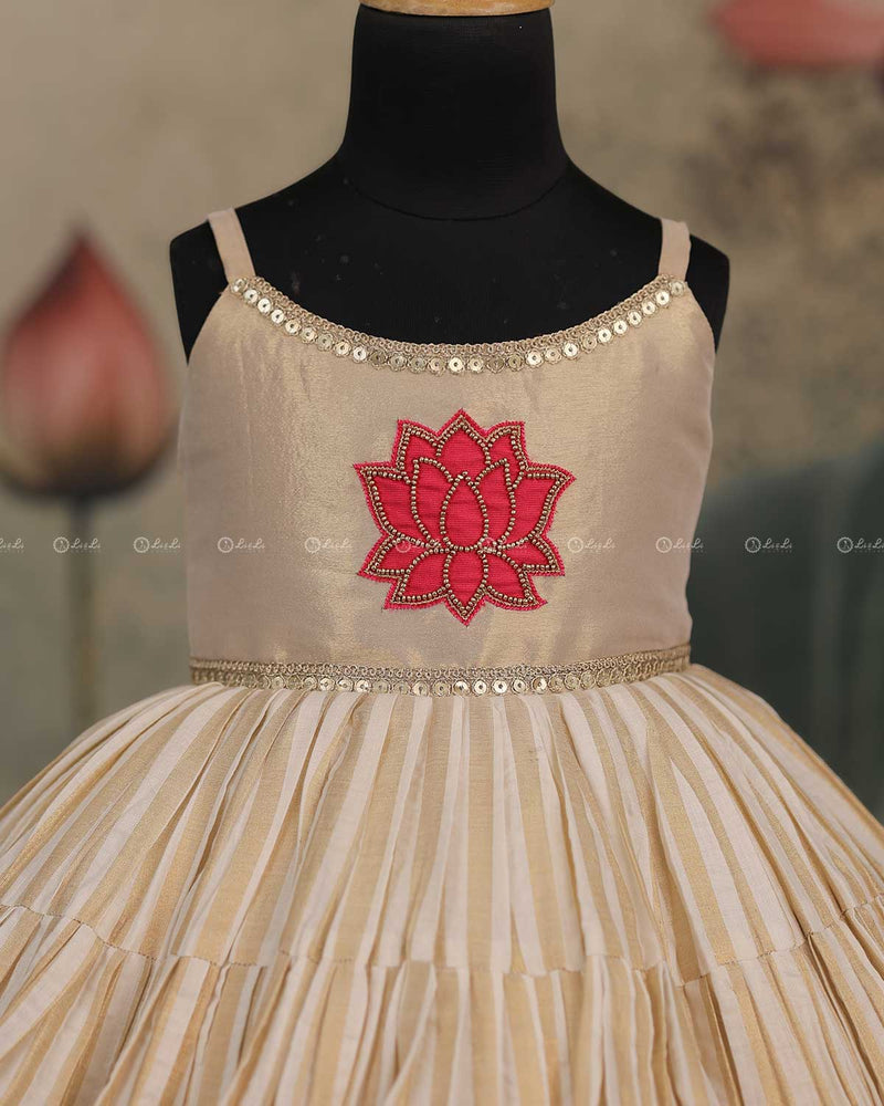 Beige Pleated Frock With Red Lotus Motif And Lace-Detailed Neckline