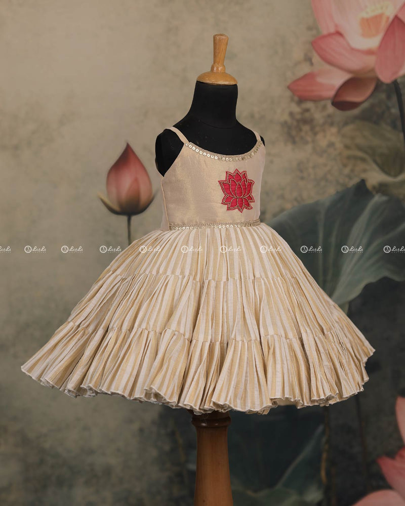 Beige Pleated Frock With Red Lotus Motif And Lace-Detailed Neckline