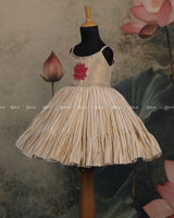 Beige Pleated Frock With Red Lotus Motif And Lace-Detailed Neckline