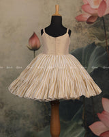 Beige Pleated Frock With Red Lotus Motif And Lace-Detailed Neckline