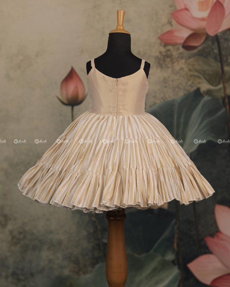 Beige Pleated Frock With Red Lotus Motif And Lace-Detailed Neckline