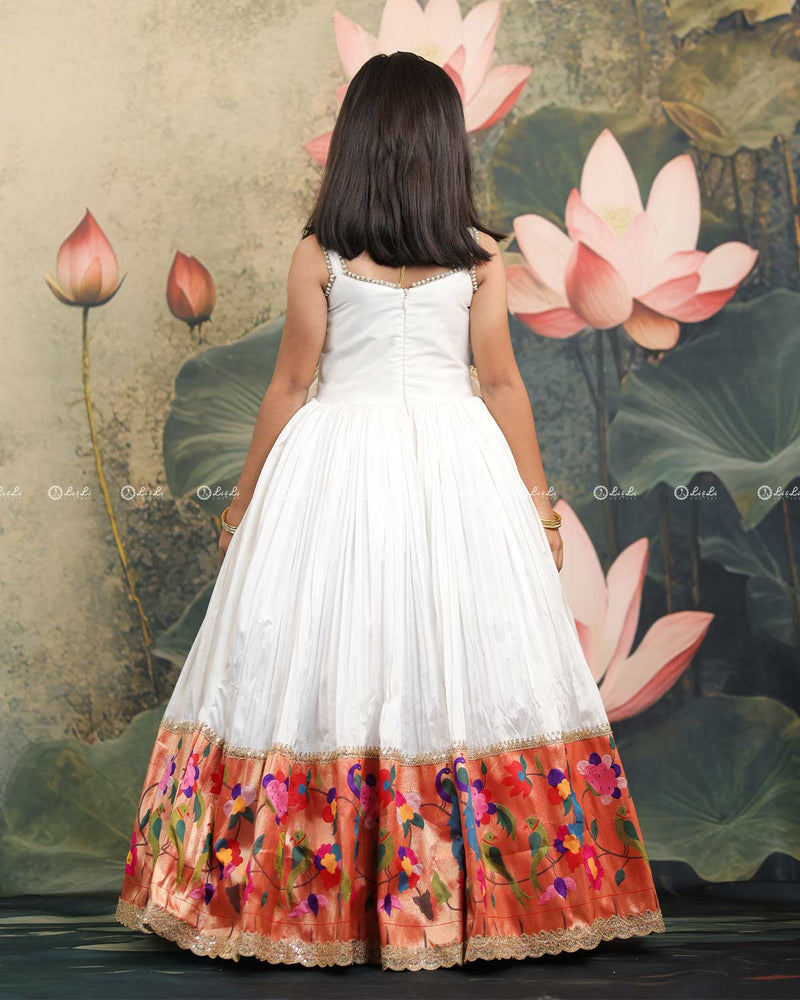 Ivory Frock With Pearl Neckline, Ruched Yoke, Waist Bow And Floral Woven Border