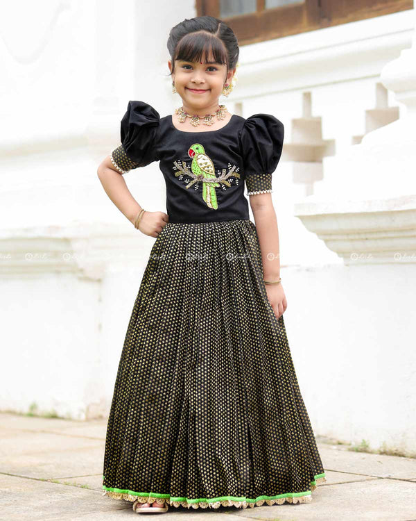 Black Parrot Top With Puff Sleeves And Printed Flared Skirt