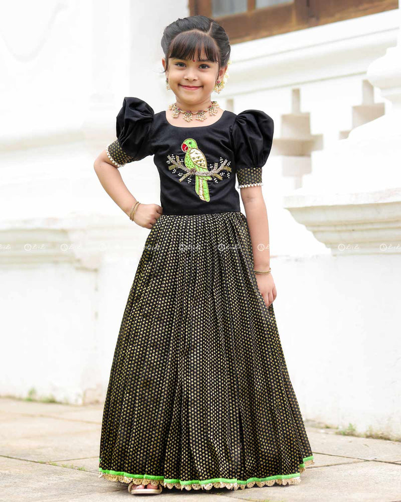 Black Parrot Top With Puff Sleeves And Printed Flared Skirt