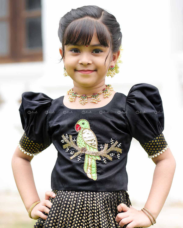Black Parrot Top With Puff Sleeves And Printed Flared Skirt