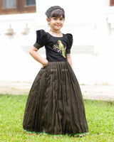 Black Parrot Top With Puff Sleeves And Printed Flared Skirt