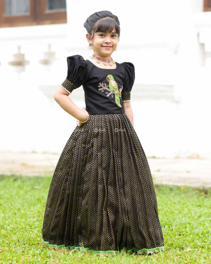 Black Parrot Top With Puff Sleeves And Printed Flared Skirt