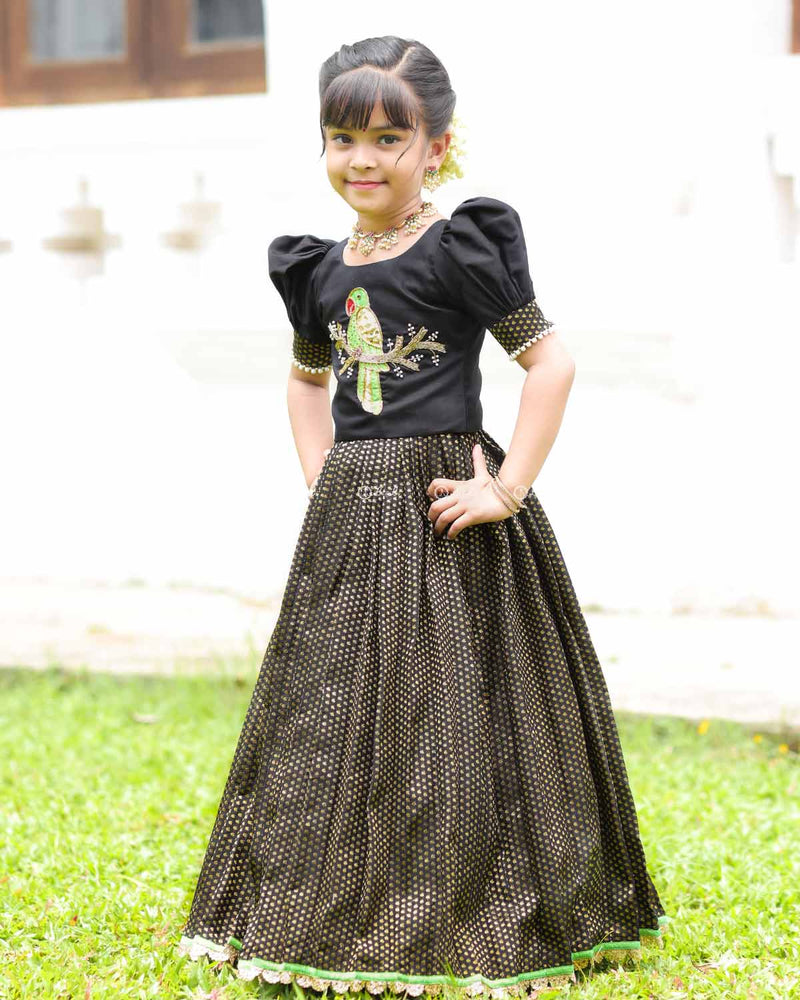 Black Parrot Top With Puff Sleeves And Printed Flared Skirt