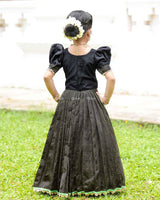 Black Parrot Top With Puff Sleeves And Printed Flared Skirt