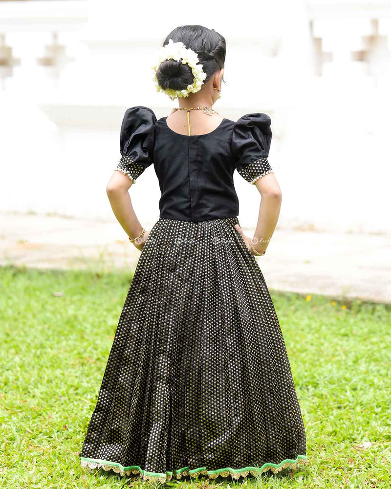 Black Parrot Top With Puff Sleeves And Printed Flared Skirt