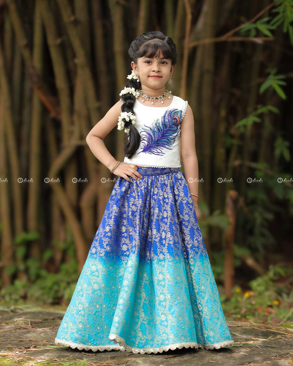 Peacock-Embroidered Top With Pearl Hem, Paired With Blue Ombré Brocade Skirt