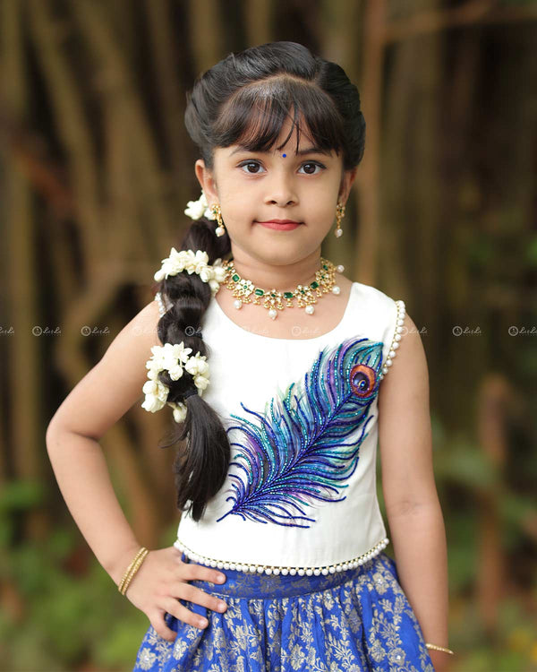 Peacock-Embroidered Top With Pearl Hem, Paired With Blue Ombré Brocade Skirt