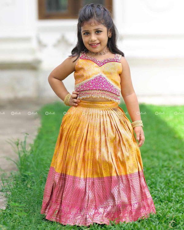 Yellow-Pink Brocade Top With Bead Fringe And Pleated Skirt