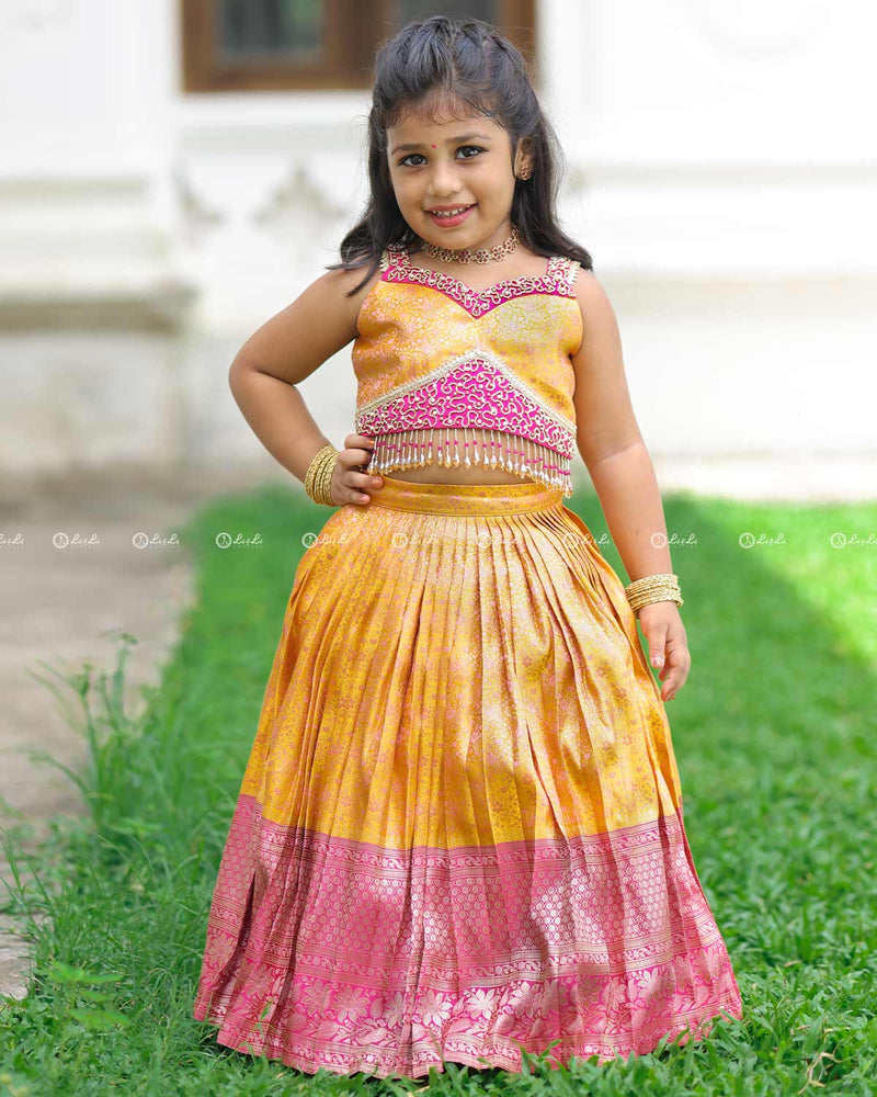 Yellow-Pink Brocade Top With Bead Fringe And Pleated Skirt