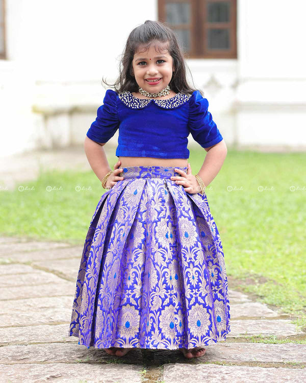 Royal Blue Pearl-Neck Top With Box-Pleat Brocade Skirt