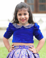 Royal Blue Pearl-Neck Top With Box-Pleat Brocade Skirt