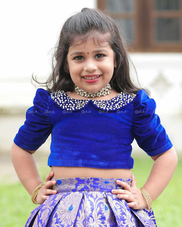 Royal Blue Pearl-Neck Top With Box-Pleat Brocade Skirt