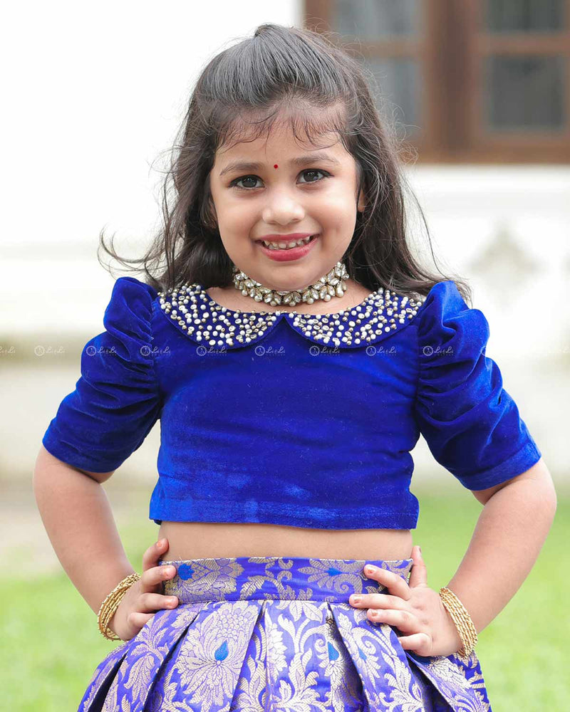 Royal Blue Pearl-Neck Top With Box-Pleat Brocade Skirt