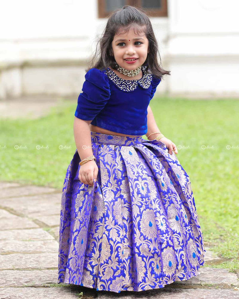 Royal Blue Pearl-Neck Top With Box-Pleat Brocade Skirt