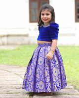 Royal Blue Pearl-Neck Top With Box-Pleat Brocade Skirt