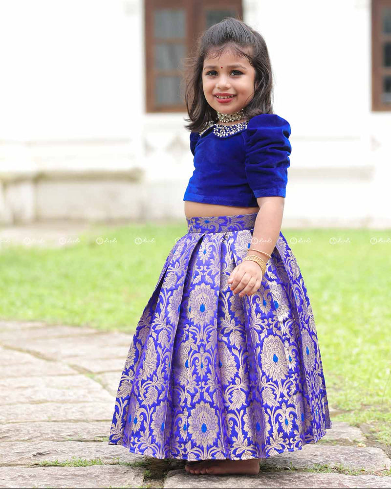 Royal Blue Pearl-Neck Top With Box-Pleat Brocade Skirt