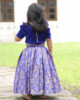 Royal Blue Pearl-Neck Top With Box-Pleat Brocade Skirt