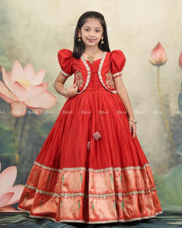 Red Silk Gown With Puff Sleeves And Lace Detailing