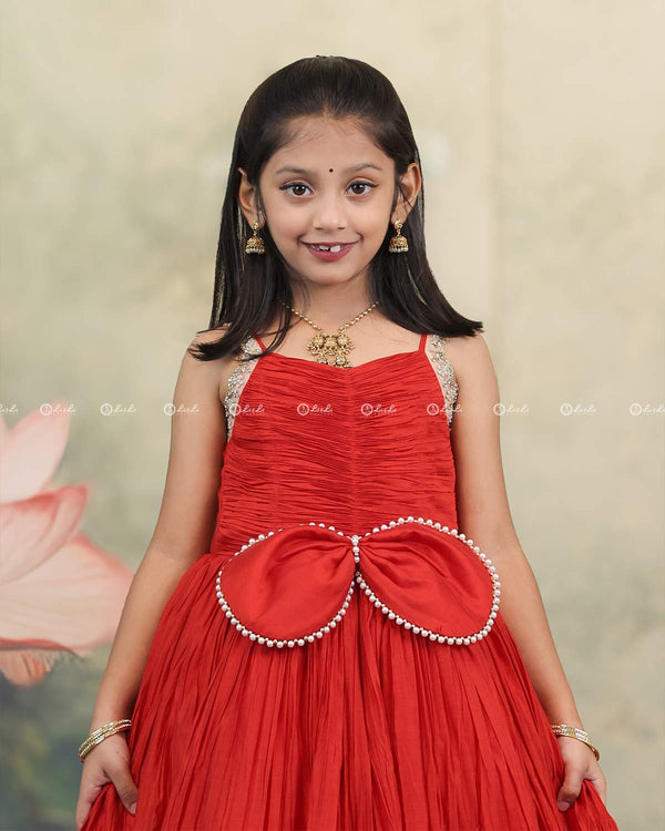 Red Silk Gown With Puff Sleeves And Lace Detailing