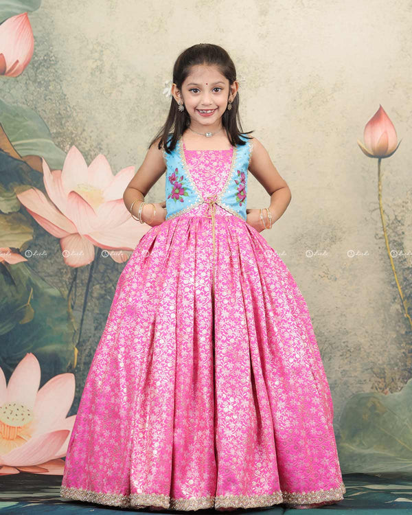 Pink Brocade Pleated Bottom With Floral Printed Jacket