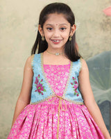 Pink Brocade Pleated Bottom With Floral Printed Jacket
