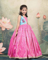 Pink Brocade Pleated Bottom With Floral Printed Jacket