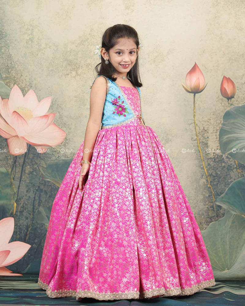 Pink Brocade Pleated Bottom With Floral Printed Jacket