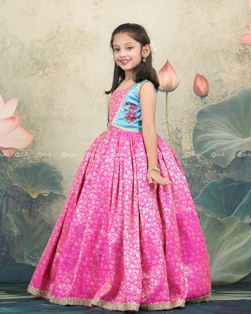 Pink Brocade Pleated Bottom With Floral Printed Jacket