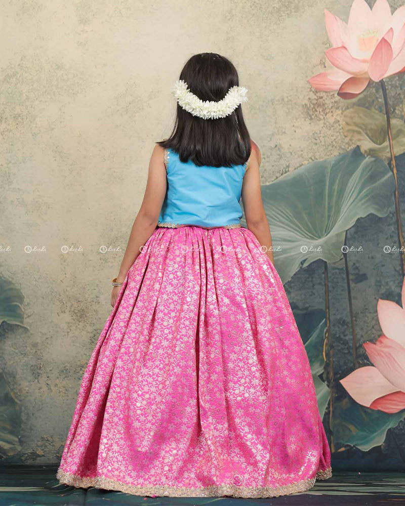 Pink Brocade Pleated Bottom With Floral Printed Jacket