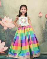 Pearl White Top With Colorful Beaded Tassel Sleeves And Multi-Color Checked Skirt
