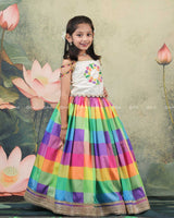 Pearl White Top With Colorful Beaded Tassel Sleeves And Multi-Color Checked Skirt
