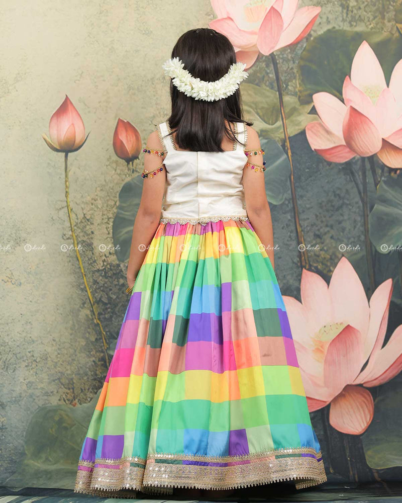Pearl White Top With Colorful Beaded Tassel Sleeves And Multi-Color Checked Skirt