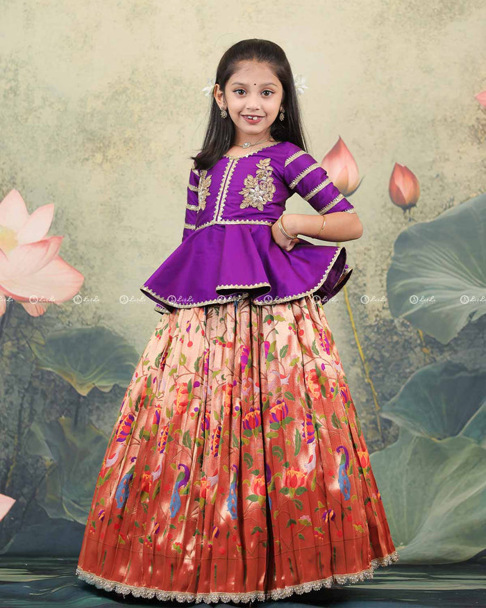 Girls purple embroidered peplum top with peacock and floral printed skirt